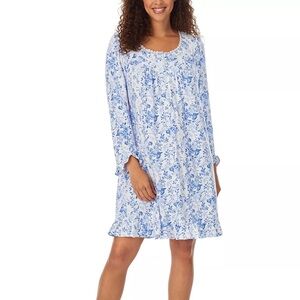 Eileen West Blue Floral Long Sleeve Mini Short Night Gown XS Blue White